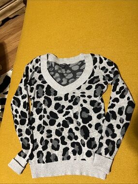 Express Women's V-Neck Leopard Print Sweater - Gray & Black